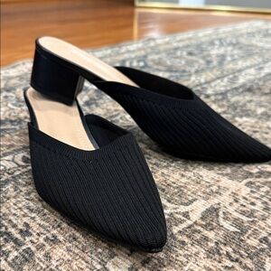 Pointed Black Knit Slip-On Mule Heels